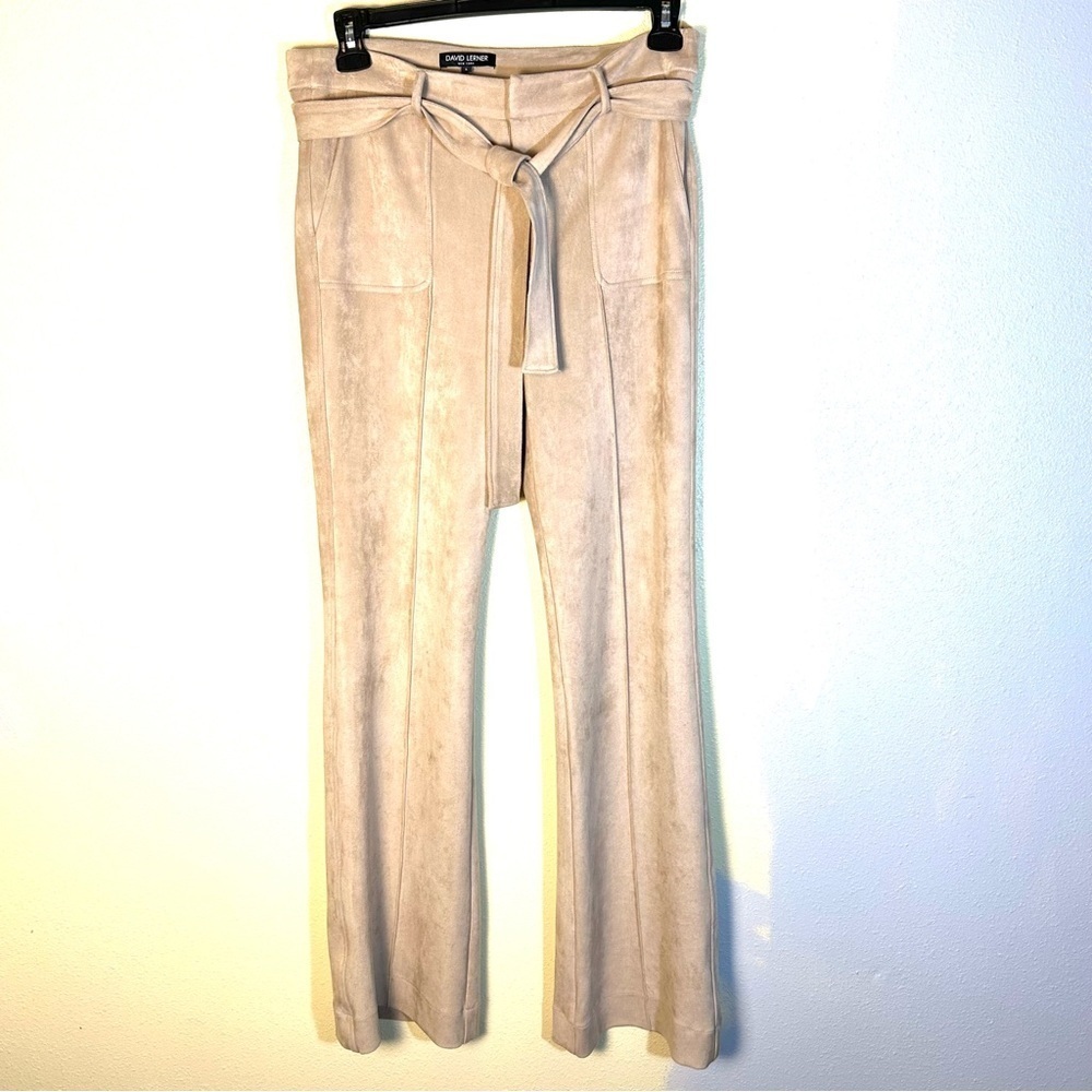 DAVID LERNER Stela Beige Faux Suede Flare Leg Trouser Pants Belt Front Seam Sz L